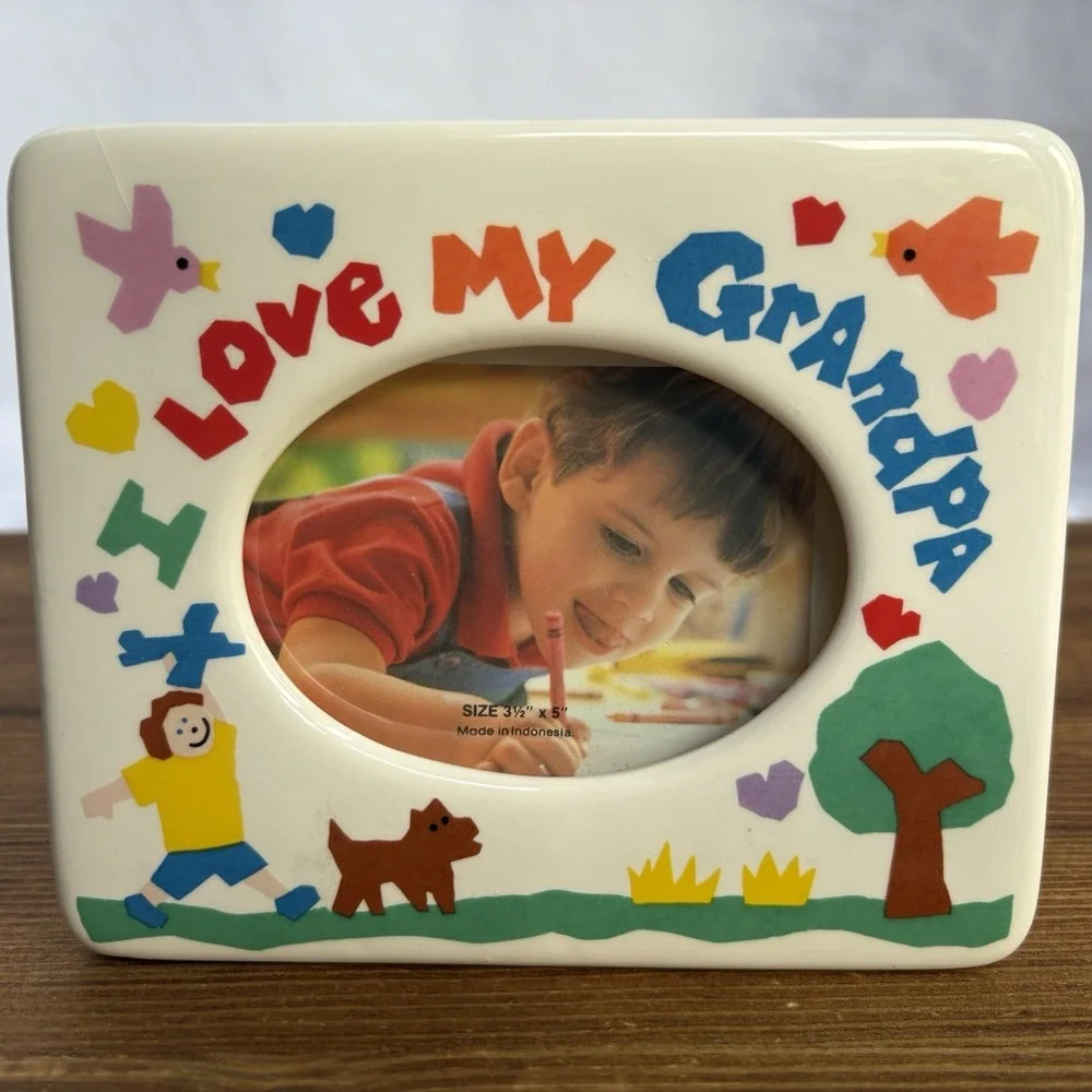 Vintage Russ I Love My Grandpa Ceramic Picture Frame 3.5x5 Hearts Birds